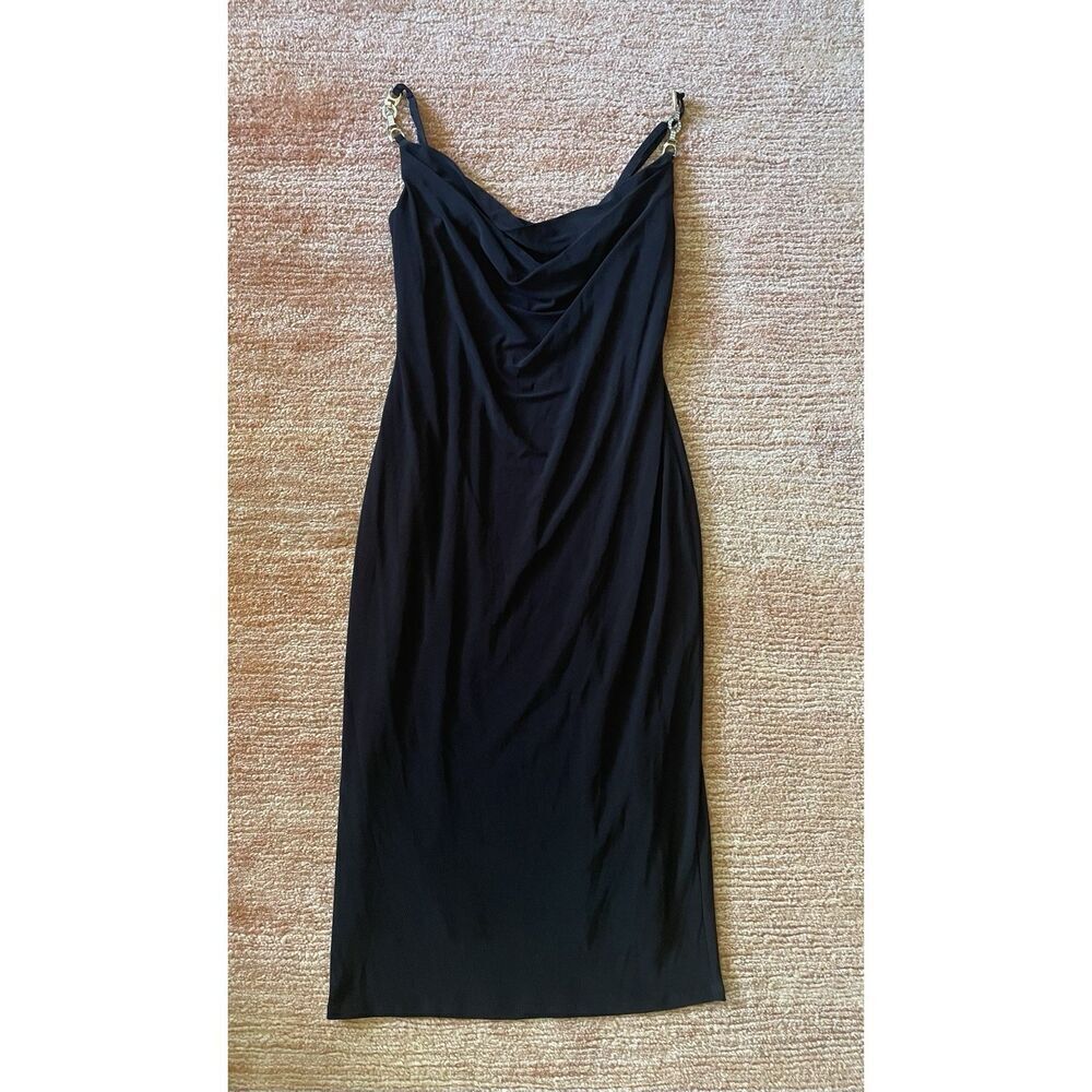Black Cowl Neck Bodycon Dress with Rhinestone Chain Straps, Size S